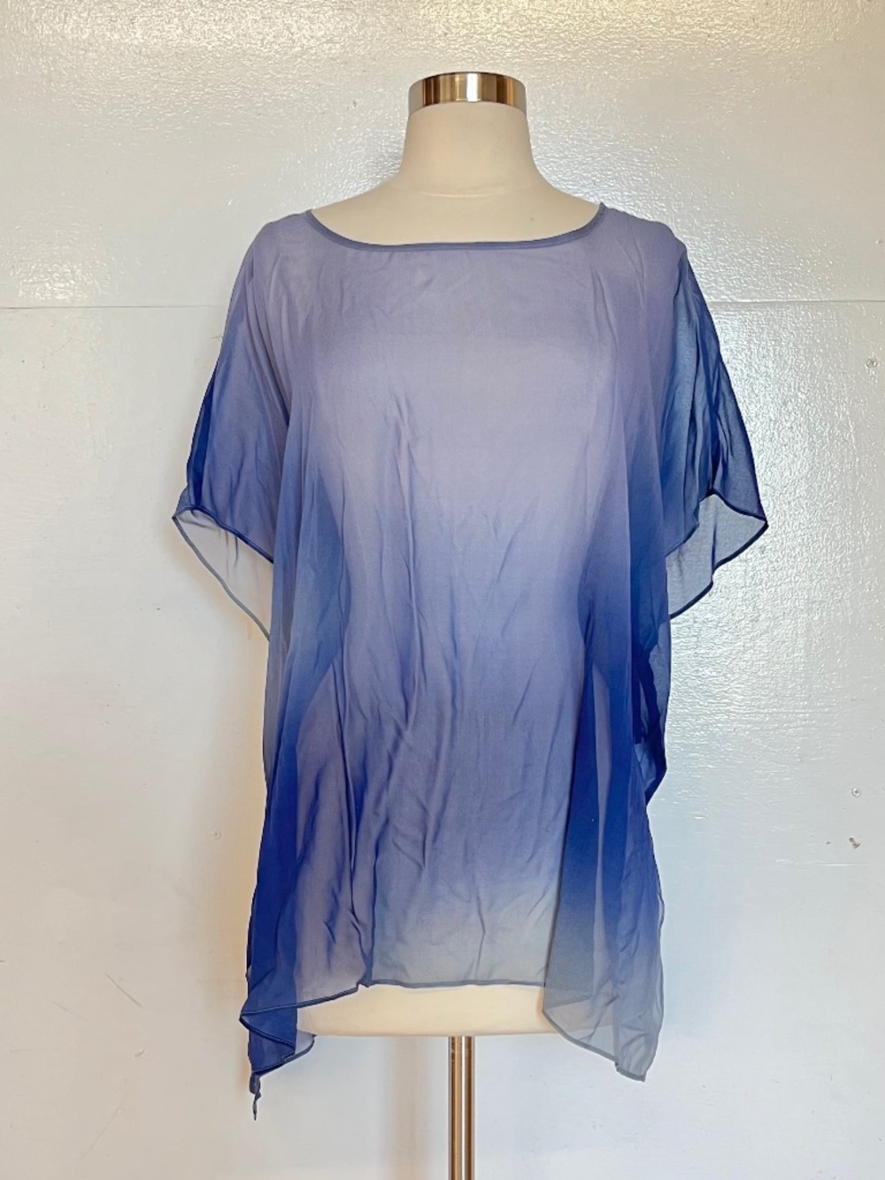 Eileen Fisher Silk Sheer Overlay Top Gradient Ombre Sapphire Blue Boxy Tunic Tee